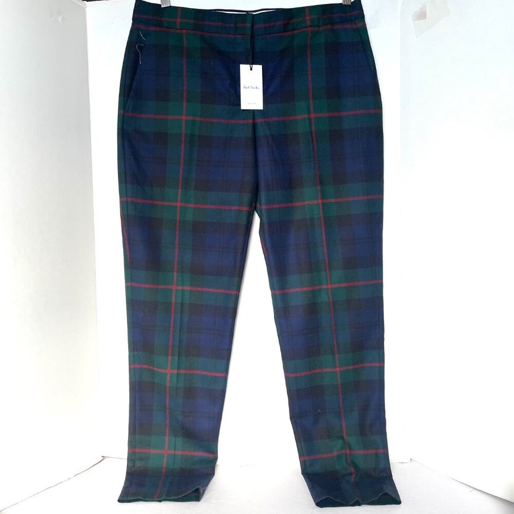 Paul Smith Wool Tartan Pant Womens 10/46 Blue Green Tapered Slim Tailored Fall - Picture 5 of 10